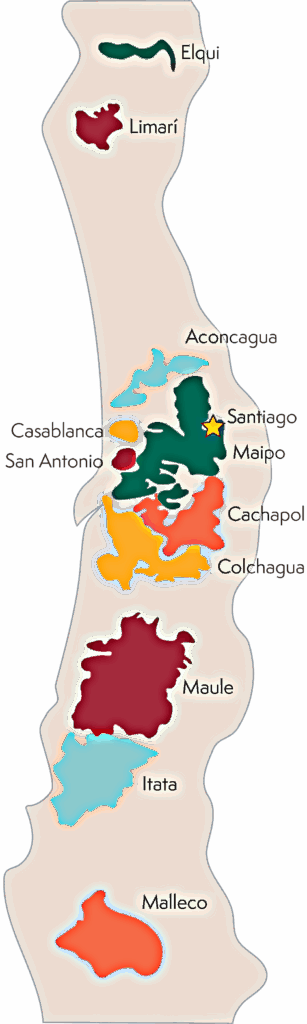 Mapa Regiões Vinícolas de Chile pertos de Santiago